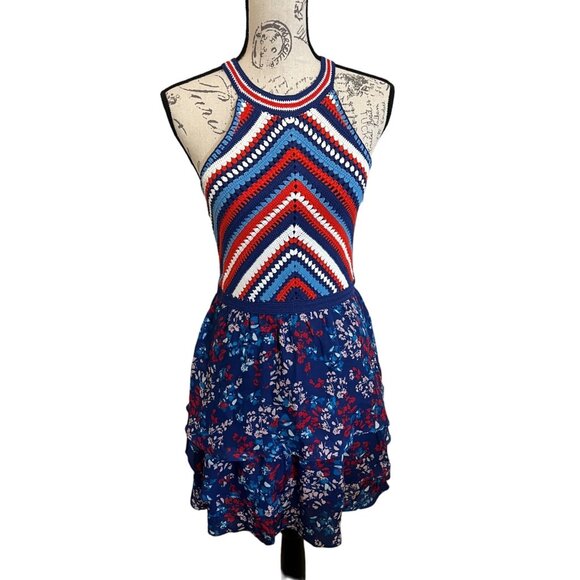 Parker Dresses & Skirts - Parker Waverly Knit Crochet Dress Floral Red White Blue Halter Mini Ruffle 0
